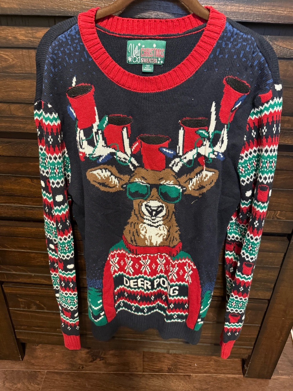 Ugly Christmas Sweater Deer Pong Beer Cups Holiday Sweater M